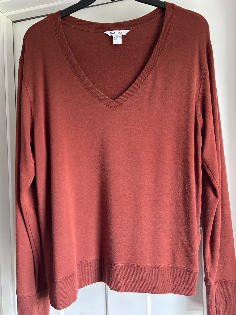 Athleta V-Neck Pullover Sweater in Rust/Light Brown
